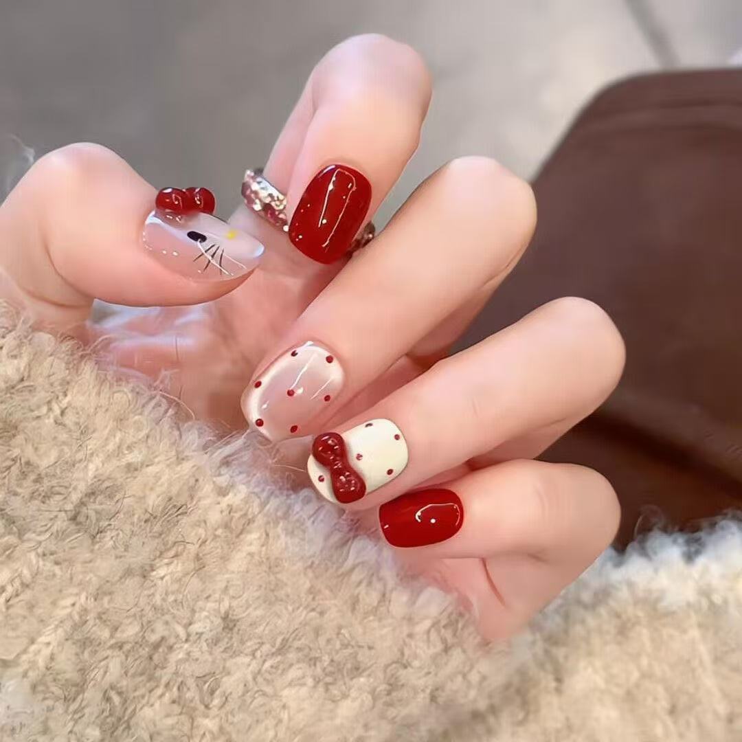 Cherry Bow Kitty Press-On Nails (Red/Black)