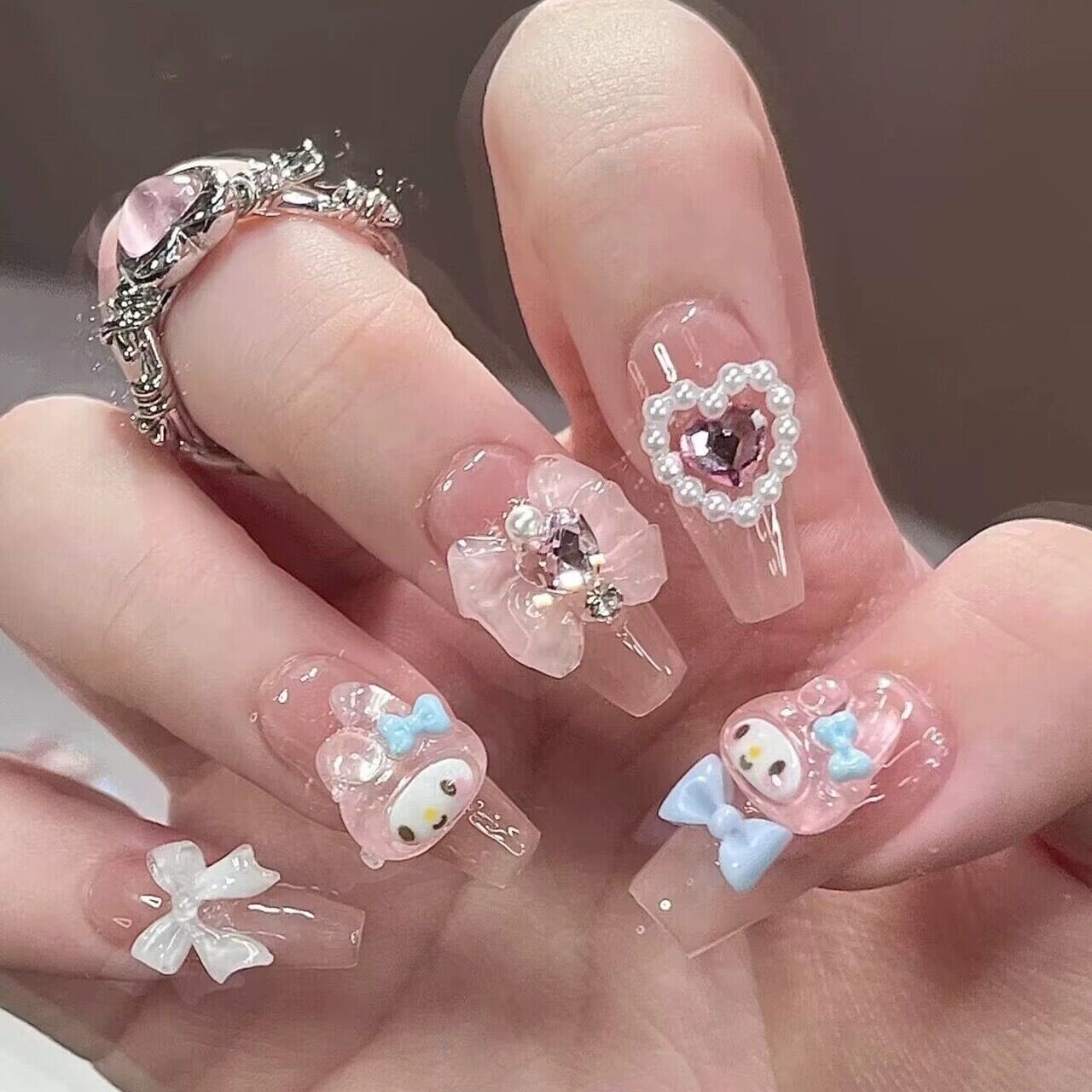 Kawaii 3D Pink Bow & Heart Press-On Nails