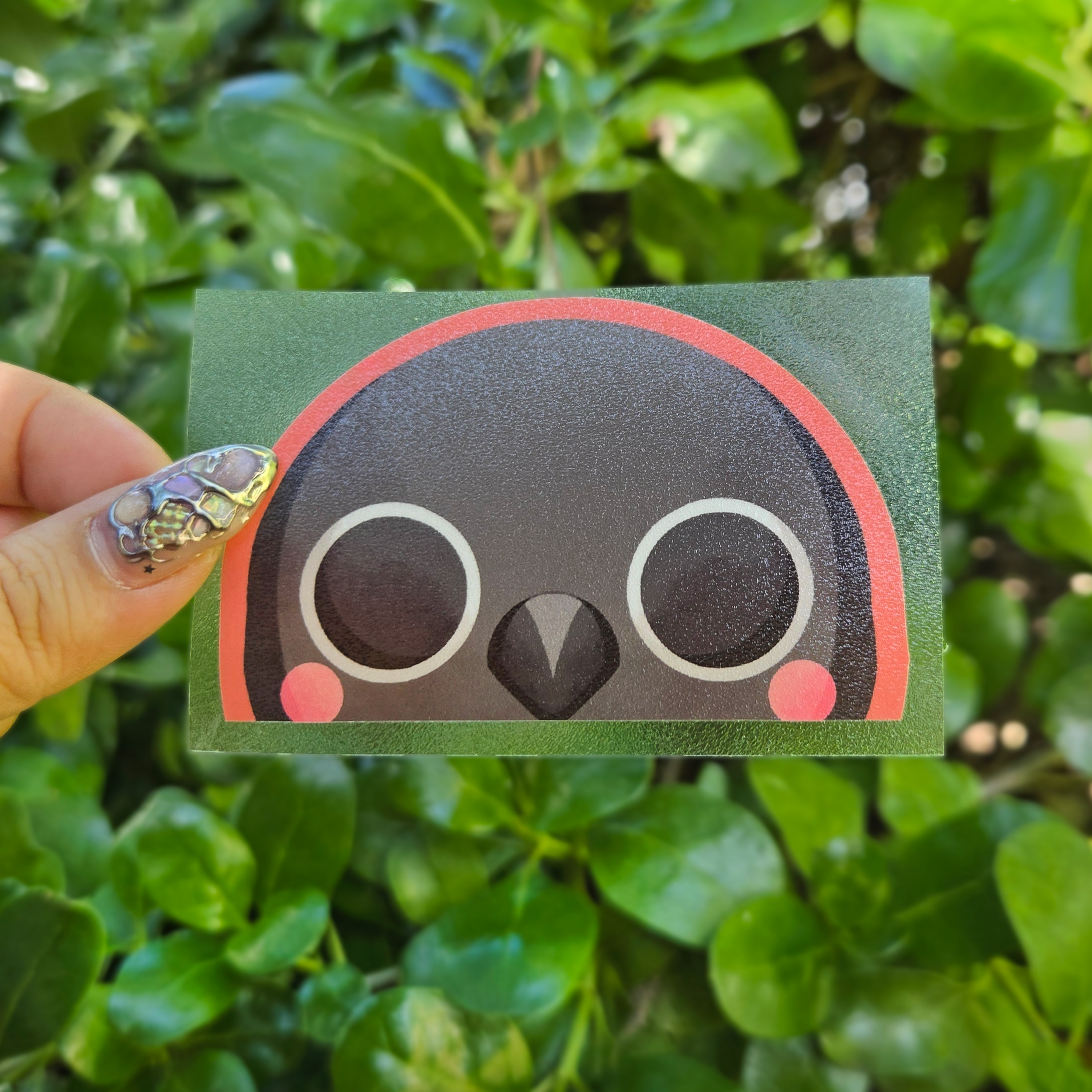 Peeker design held up with a clear transfer tape at the centre of the image by fingers. Green shrubbery background