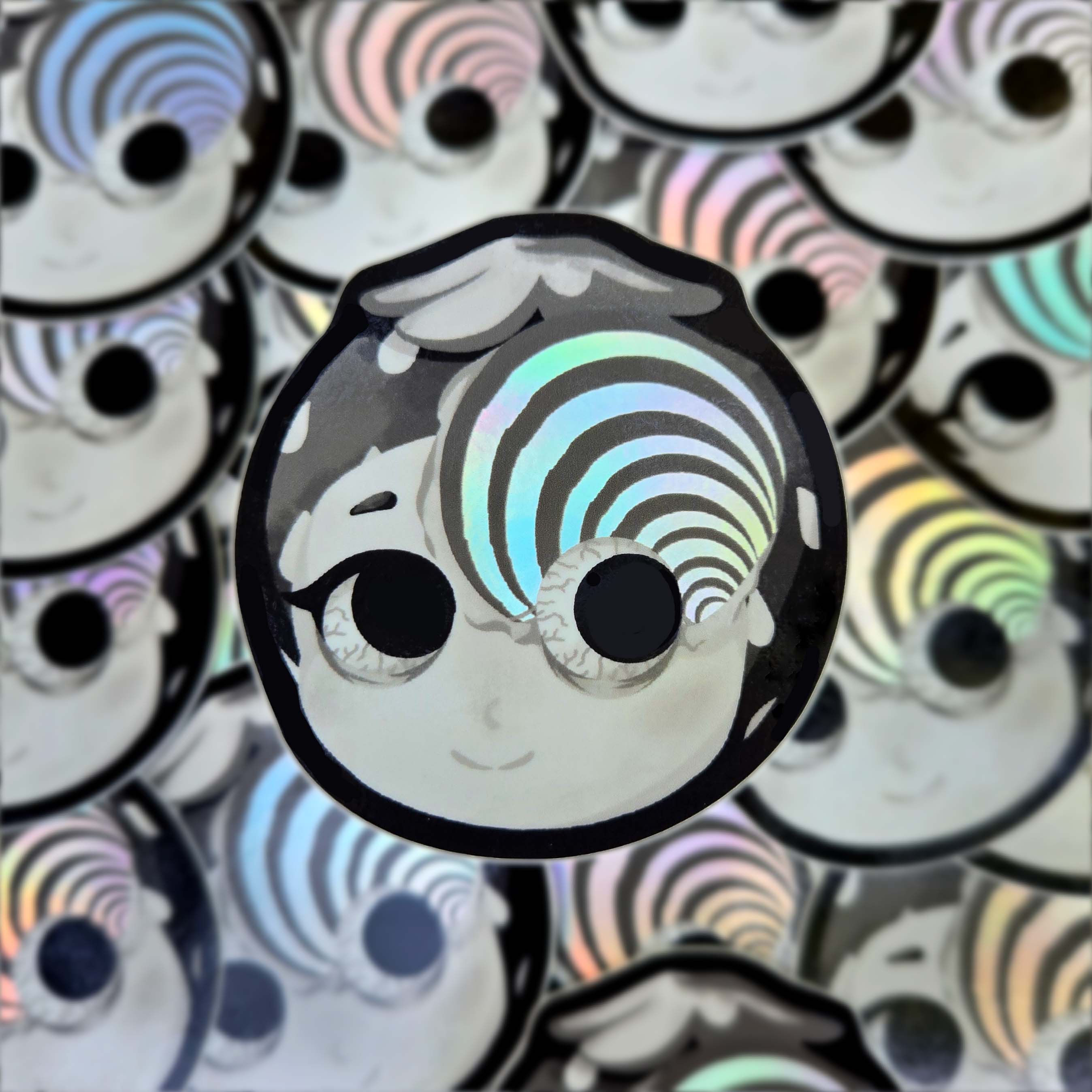 Sticker design with spot holo at the centre. Background includes same sticker design repeatedly.
